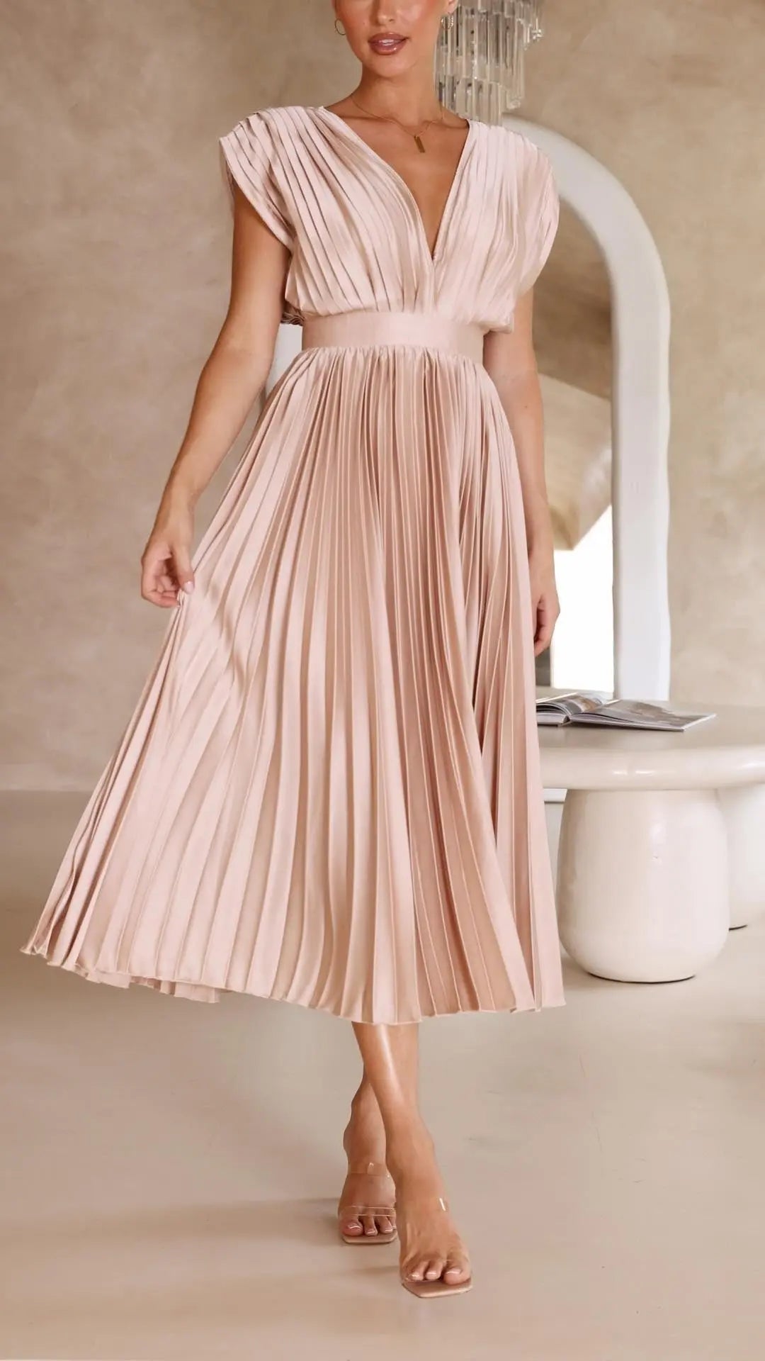 Pleated Maxi Dress Deep V-Neck Tie Waist Sleeveless