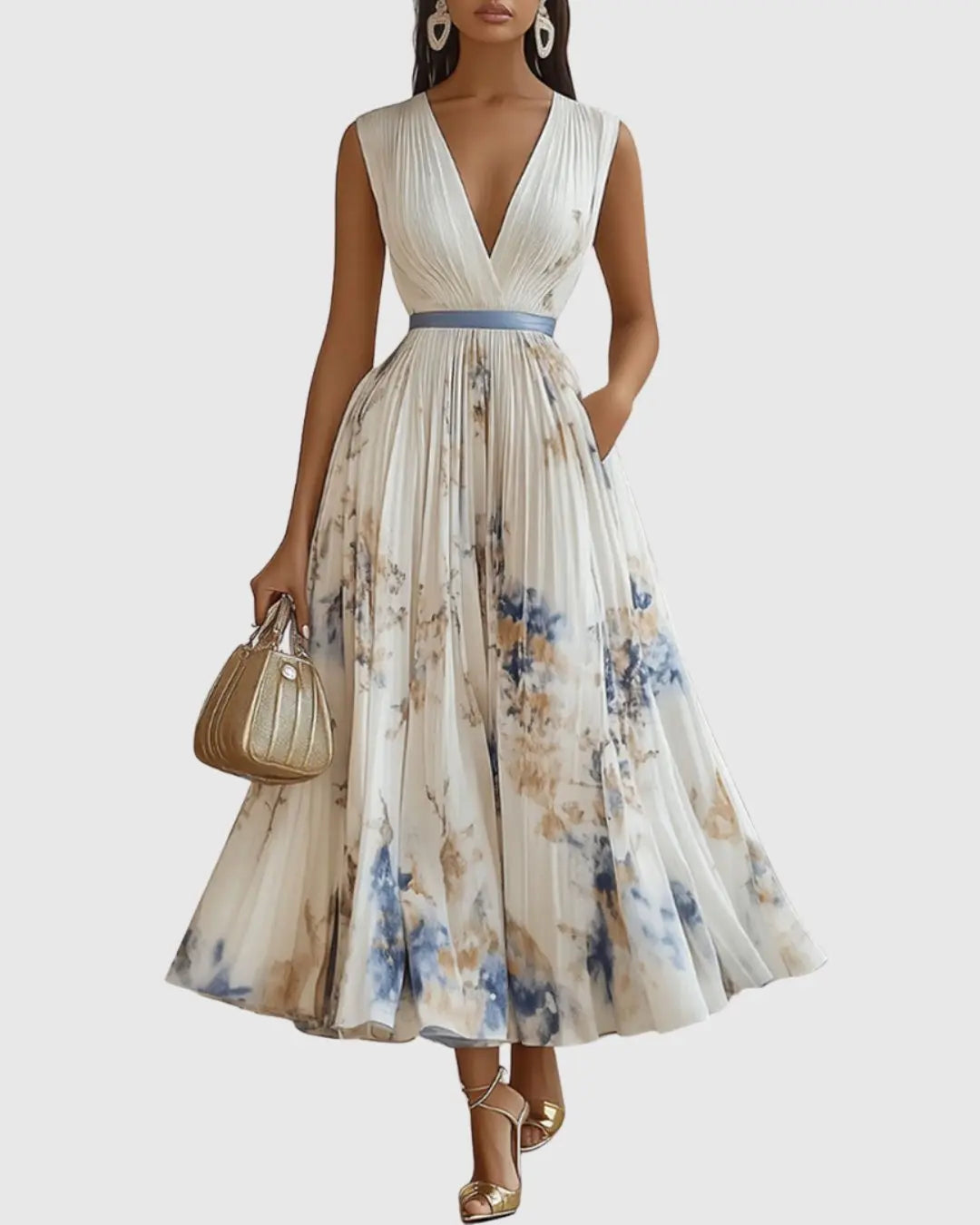 Pleated Maxi Dress V-Neck Floral Wrap Style Sleeveless - White