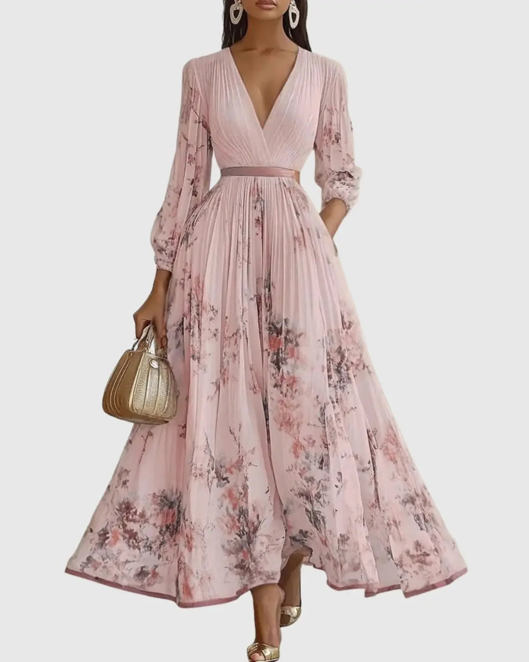 Pleated Maxi Dress V-Neck Floral Wrap Style Sleeveless - Pink