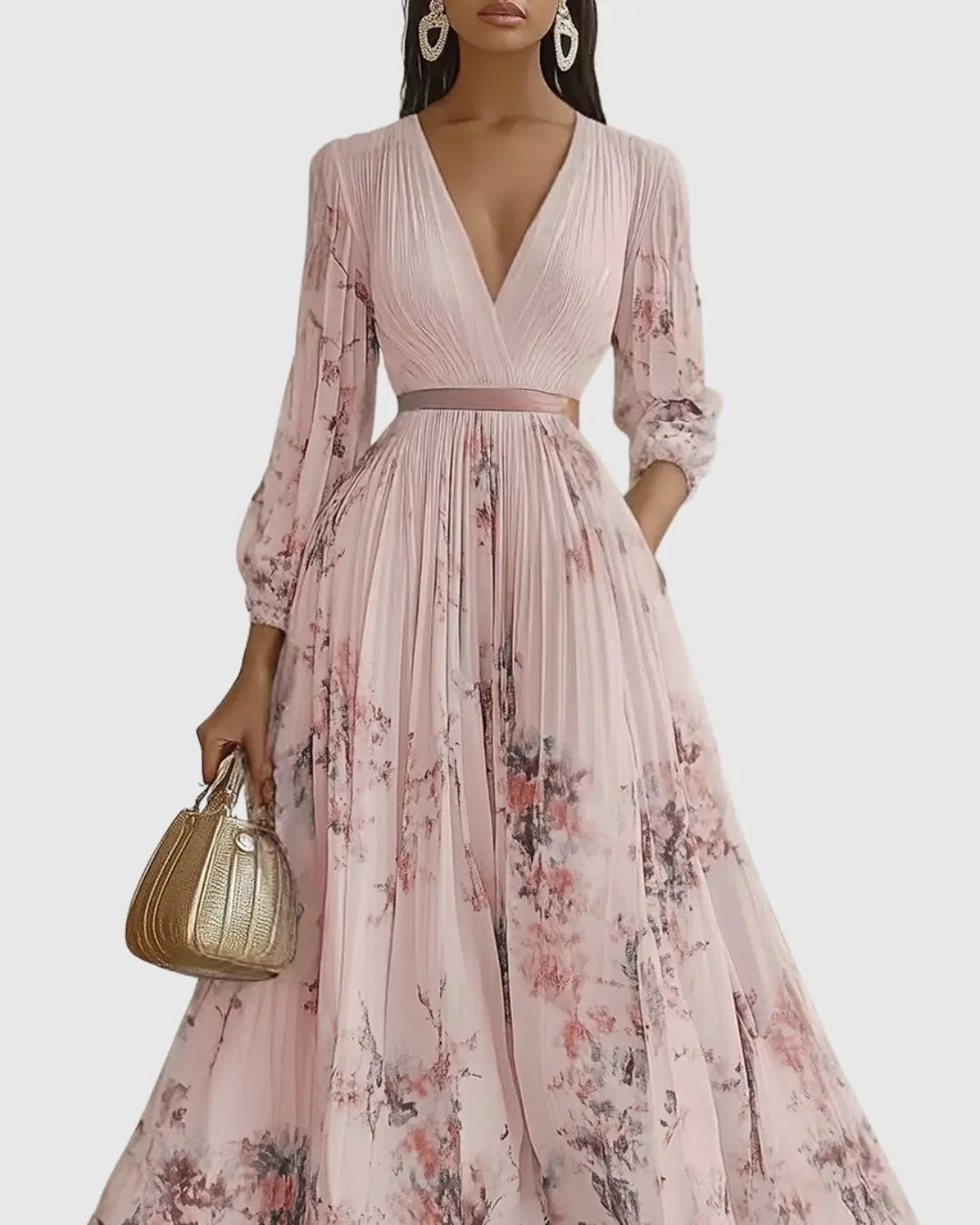 Pleated Maxi Dress V-Neck Floral Wrap Style Sleeveless
