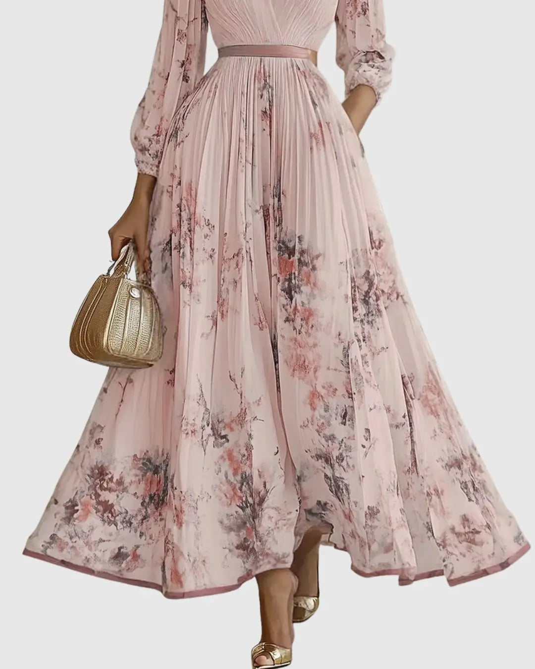 Pleated Maxi Dress V-Neck Floral Wrap Style Sleeveless