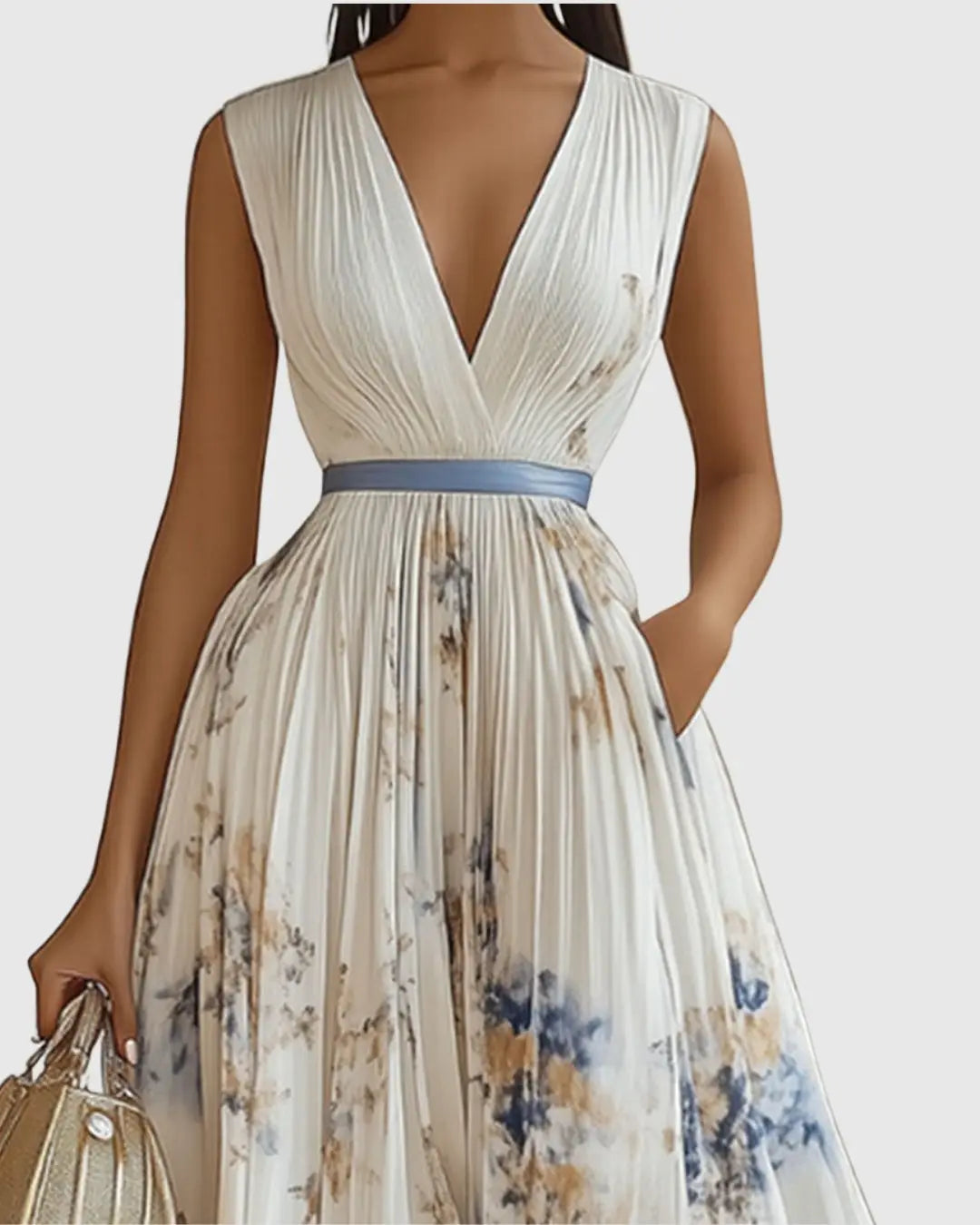 Pleated Maxi Dress V-Neck Floral Wrap Style Sleeveless