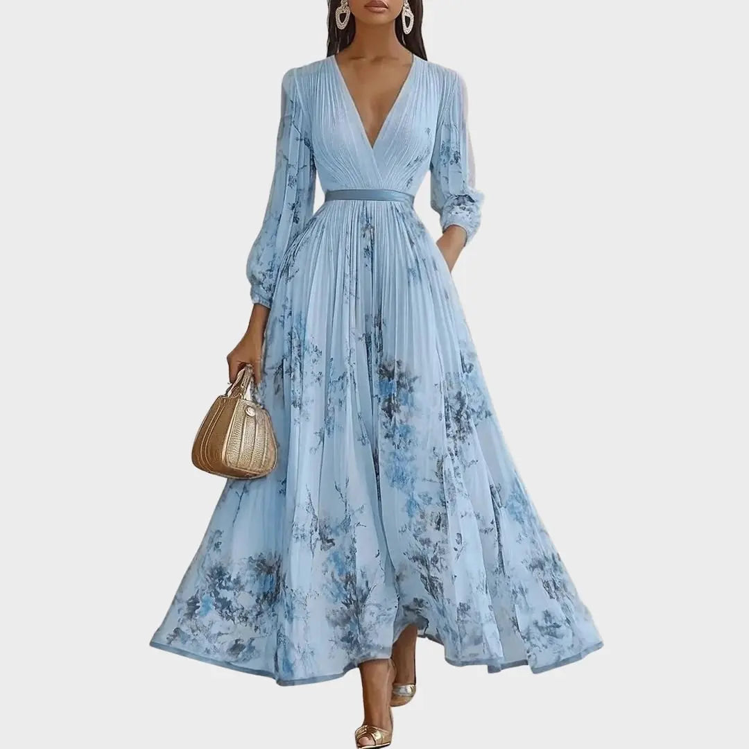 Pleated Maxi Dress V-Neck Floral Wrap Style Sleeveless