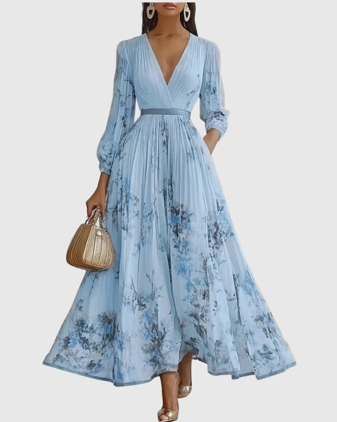 Pleated Maxi Dress V-Neck Floral Wrap Style Sleeveless