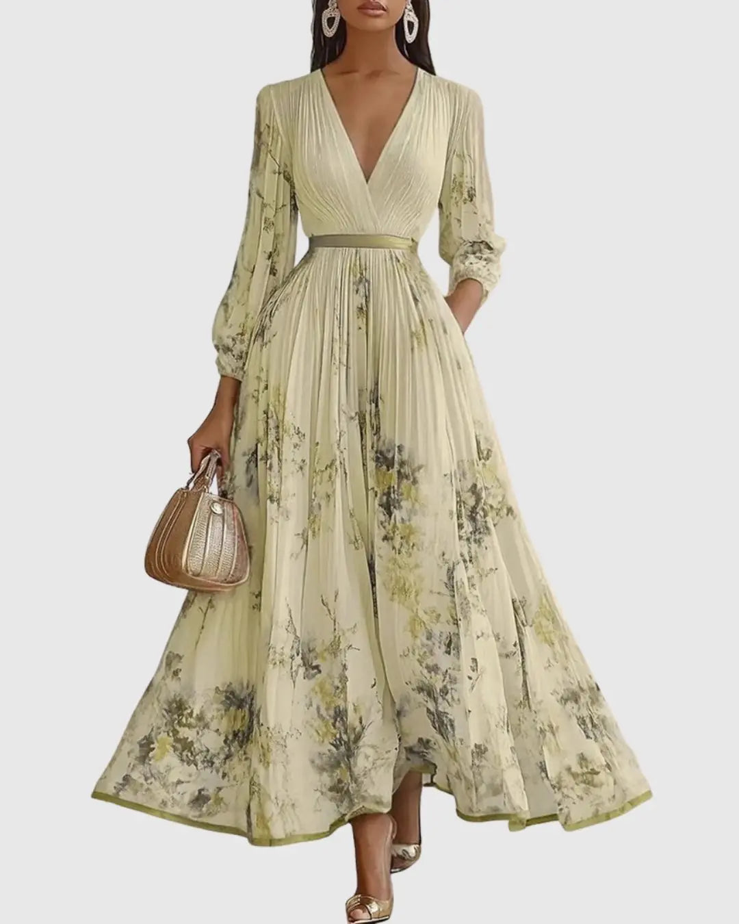 Pleated Maxi Dress V-Neck Floral Wrap Style Sleeveless - Yellow