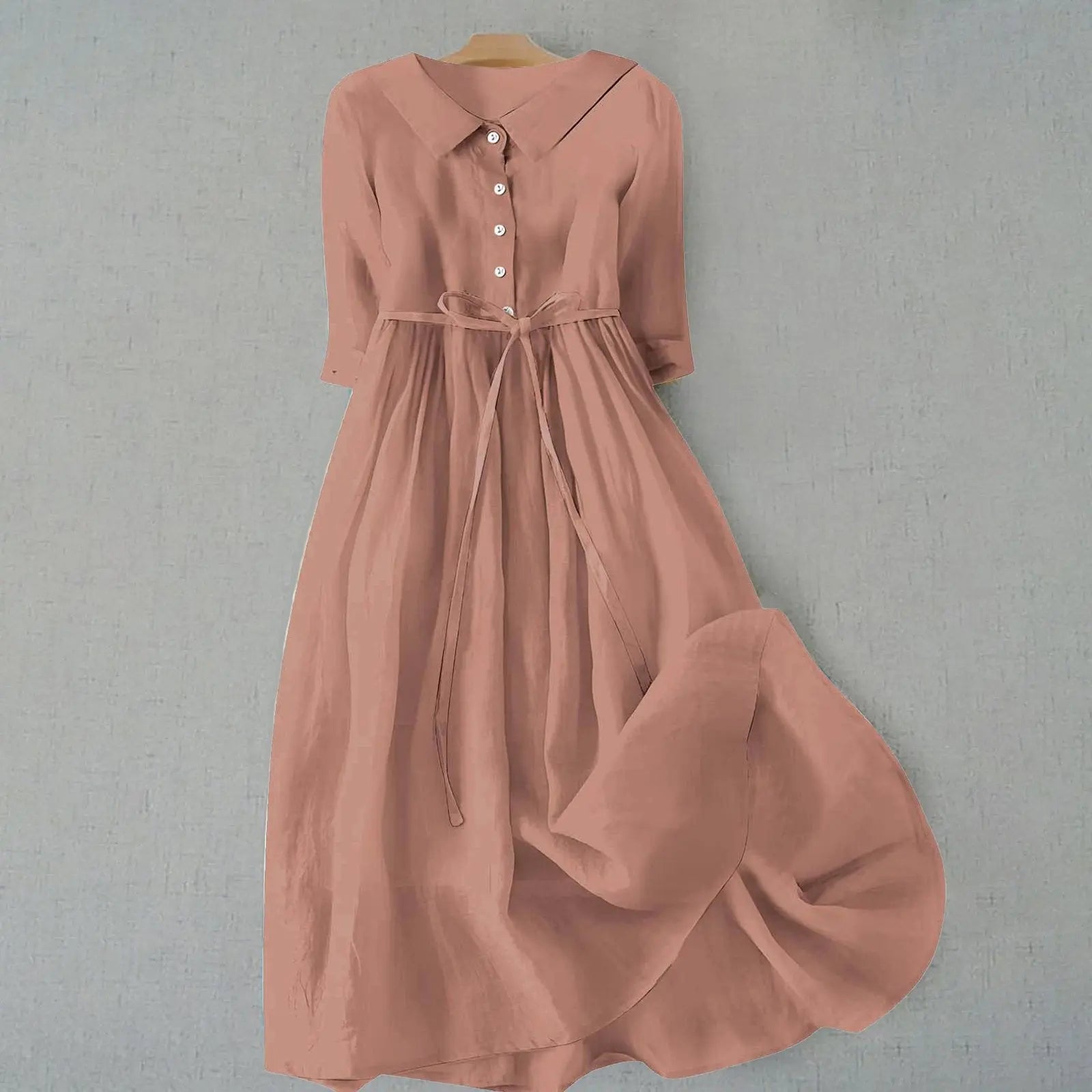 Plus Size Belted Shirt Dress Long Sleeves Casual - Light Brown