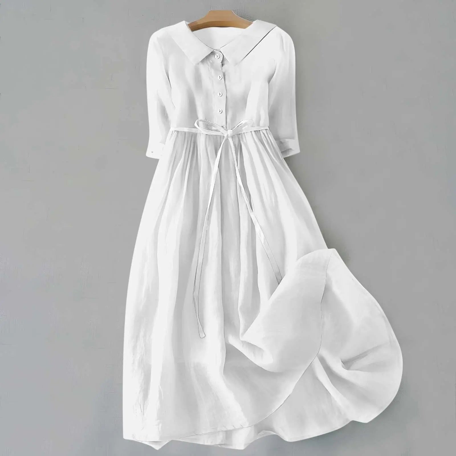 Plus Size Belted Shirt Dress Long Sleeves Casual - White