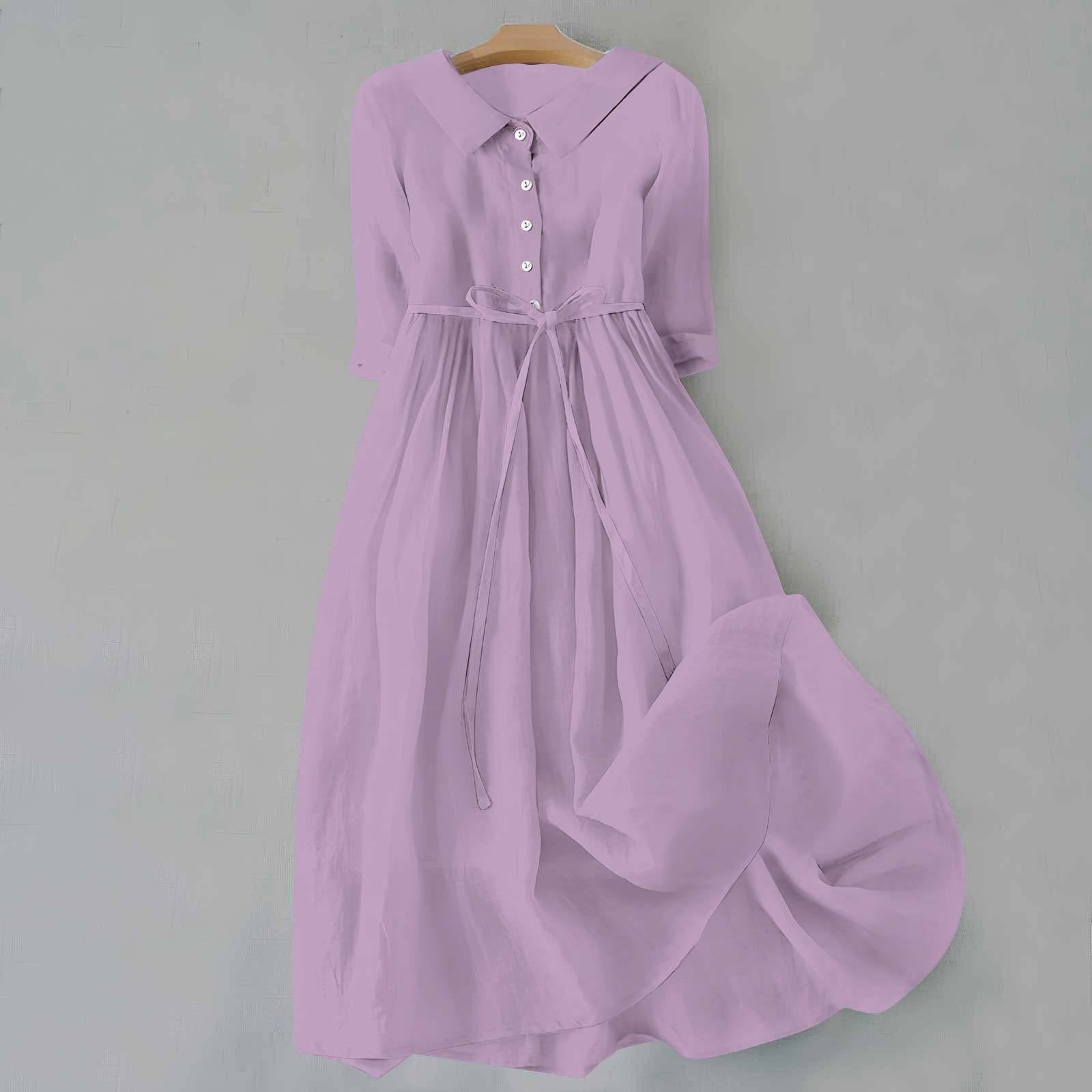 Plus Size Belted Shirt Dress Long Sleeves Casual - Purple