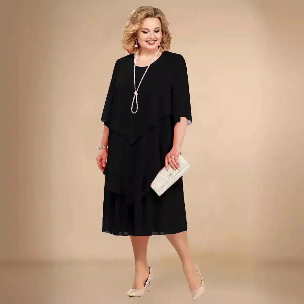 Plus Size Chiffon Dress Layered Asymmetrical Midi - Black
