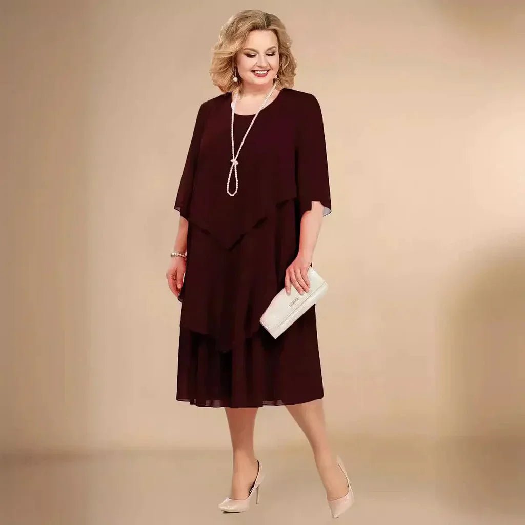 Plus Size Chiffon Dress Layered Asymmetrical Midi - Dark Red