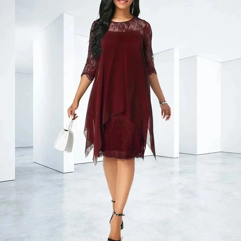 Plus Size Chiffon Dress Quarter Sleeve Lace Detail - Burgundy
