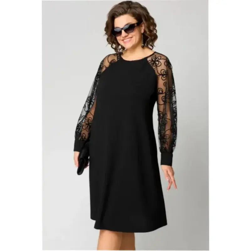 Plus Size Lace Sleeve Midi Dress Elegant Formal