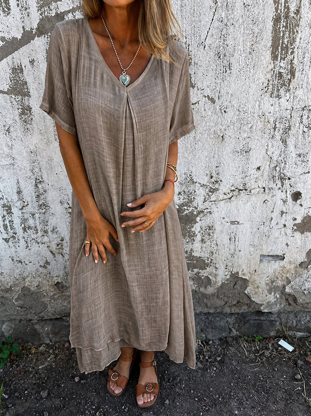 Plus Size Loose V-Neck Maxi Dress Casual - Beige