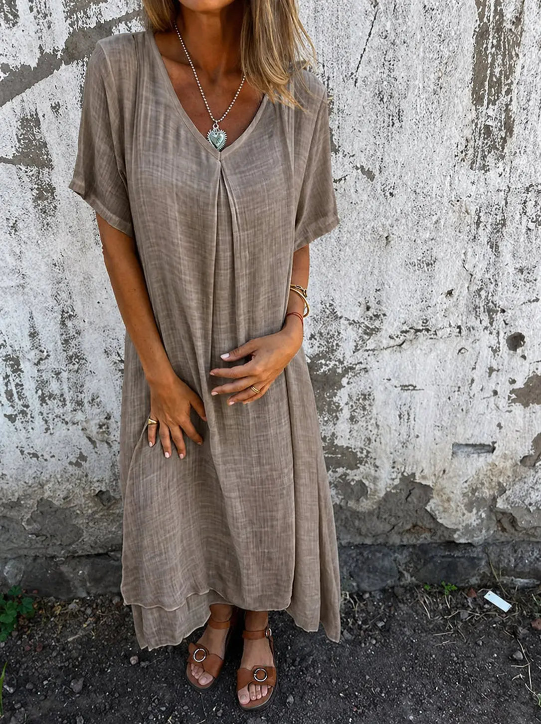 Plus Size Loose V-Neck Maxi Dress Casual - Beige