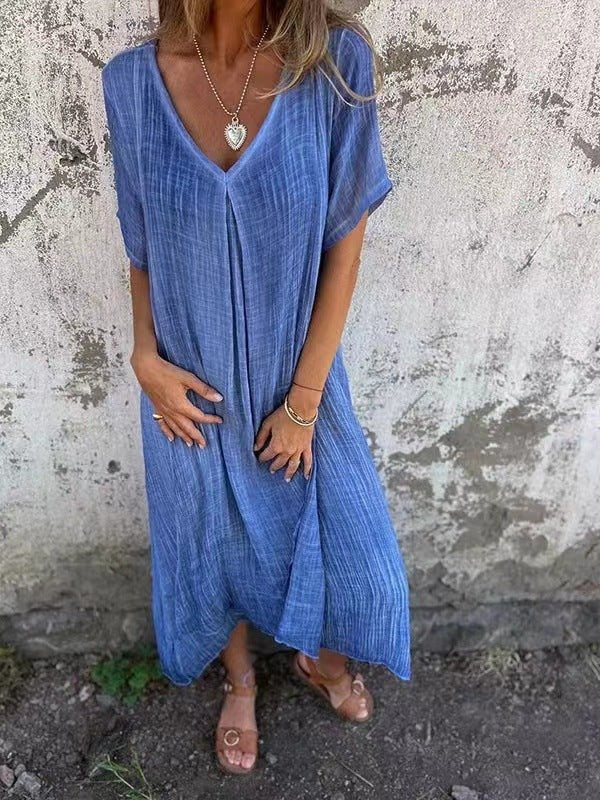 Plus Size Loose V-Neck Maxi Dress Casual - Blue
