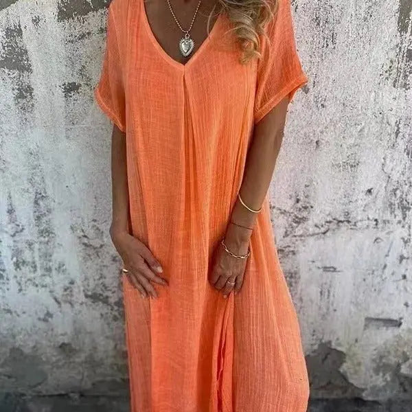 Plus Size Loose V-Neck Maxi Dress Casual - Orange