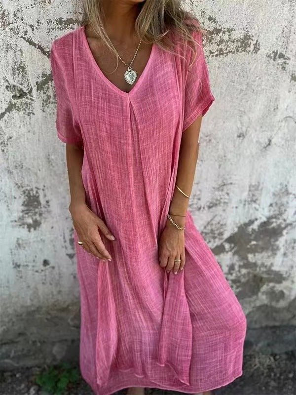 Plus Size Loose V-Neck Maxi Dress Casual - Pink