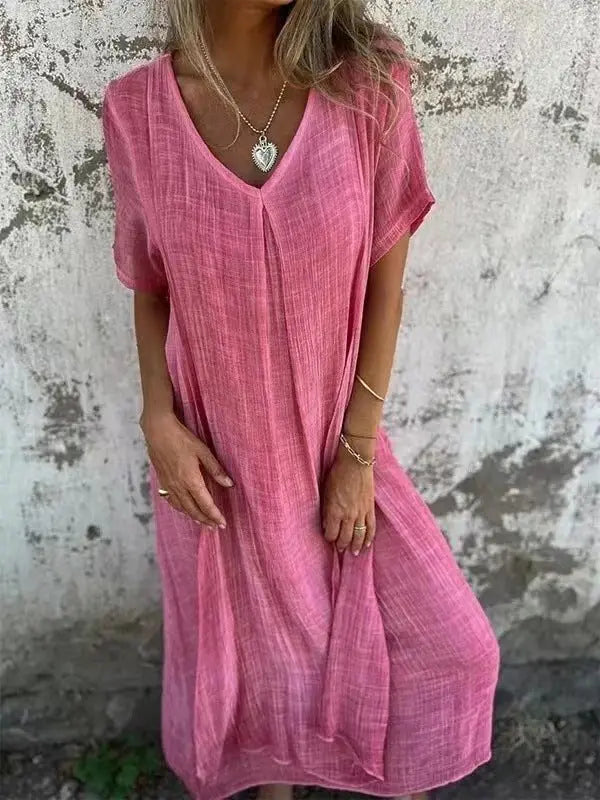 Plus Size Loose V-Neck Maxi Dress Casual - Pink
