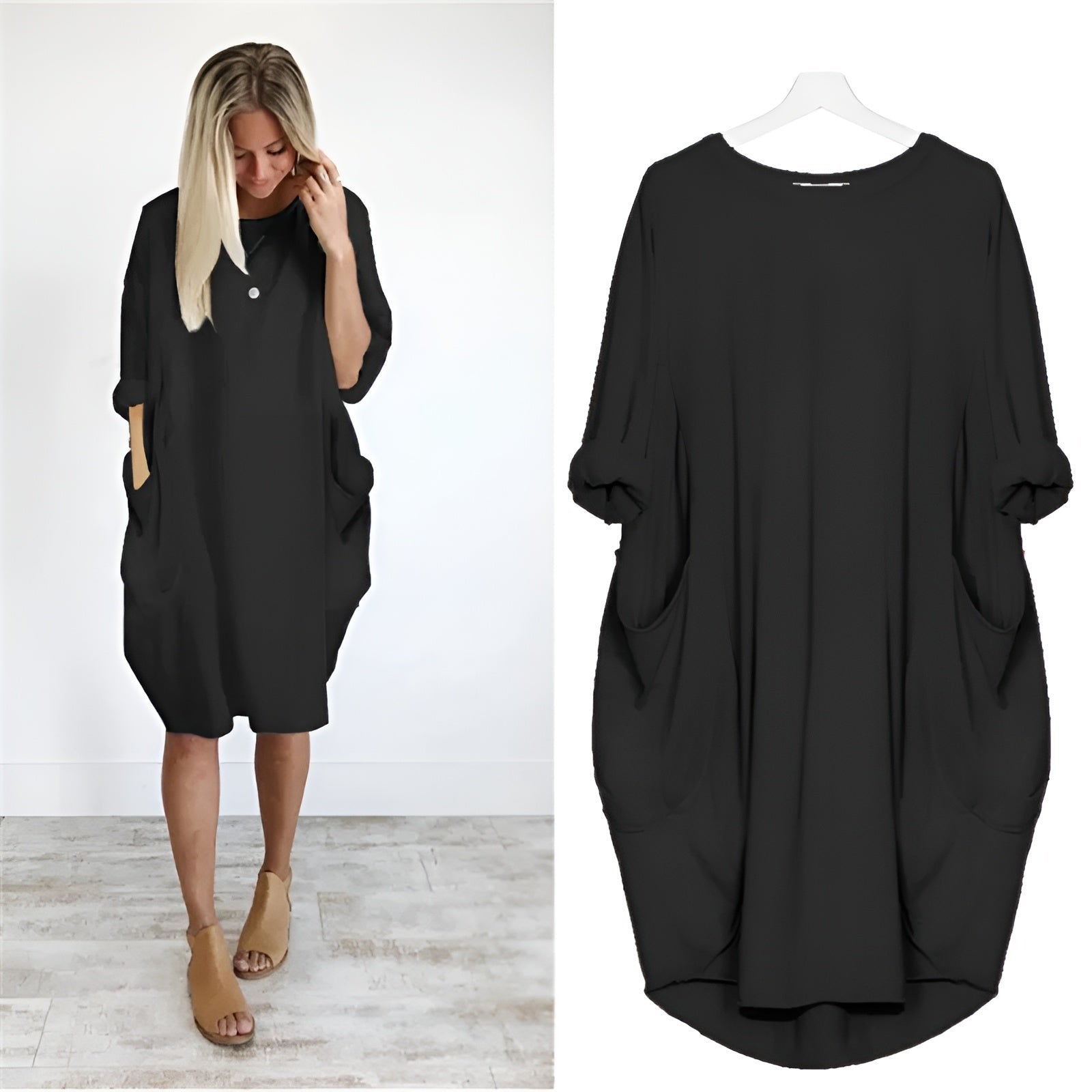 Plus Size Midi Dress with Pockets Long Sleeve - Black