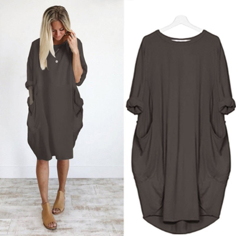 Plus Size Midi Dress with Pockets Long Sleeve - Dark Brown