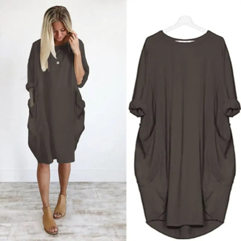 Plus Size Midi Dress with Pockets Long Sleeve - Dark Brown