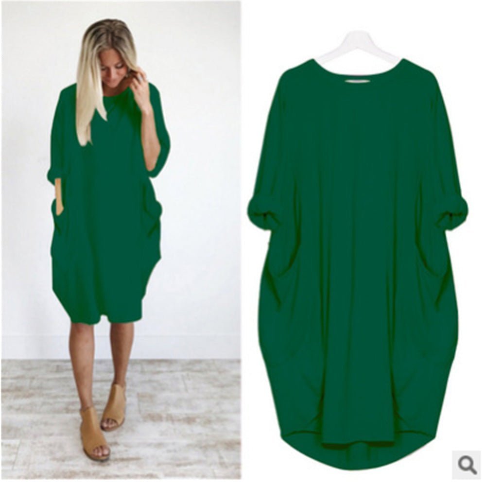 Plus Size Midi Dress with Pockets Long Sleeve - Green
