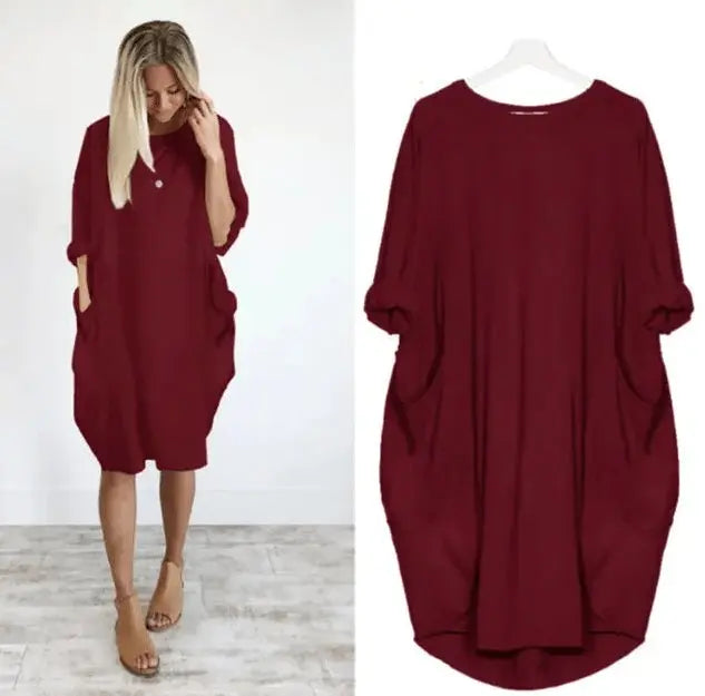 Plus Size Midi Dress with Pockets Long Sleeve - Dark Red
