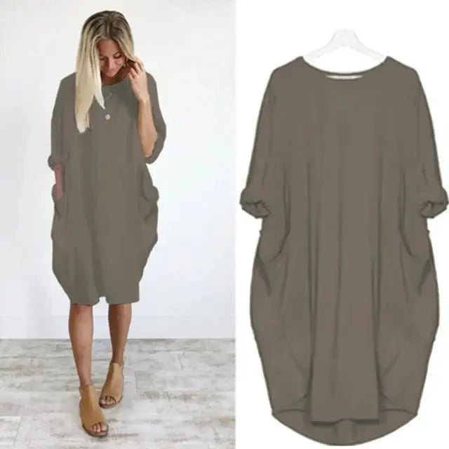 Plus Size Midi Dress with Pockets Long Sleeve - Dark Gray