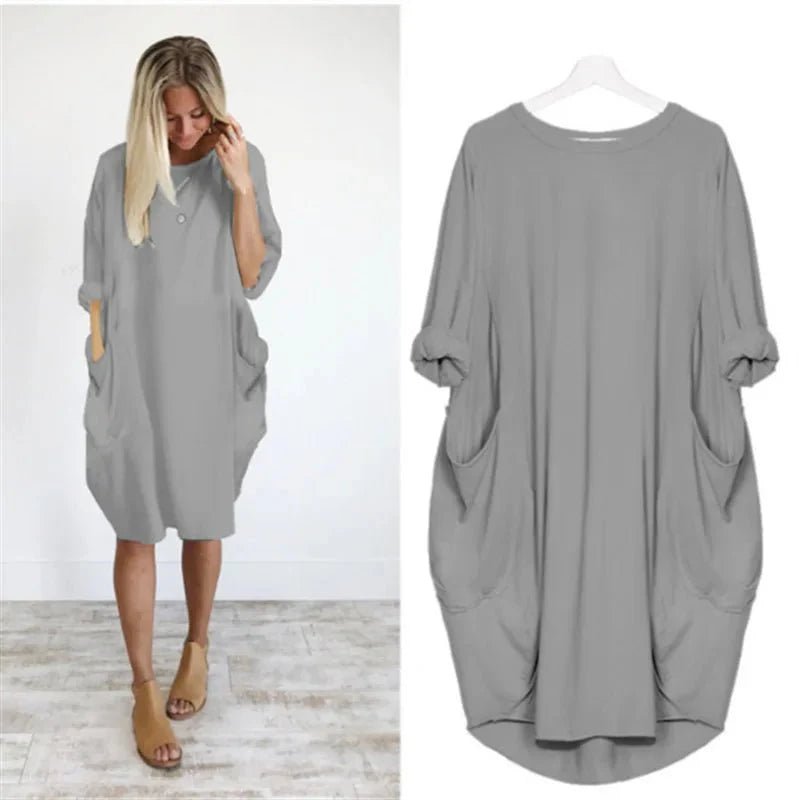 Plus Size Midi Dress with Pockets Long Sleeve - Gray