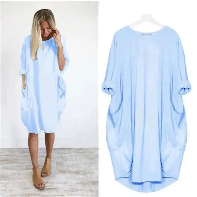 Plus Size Midi Dress with Pockets Long Sleeve - Light Blue