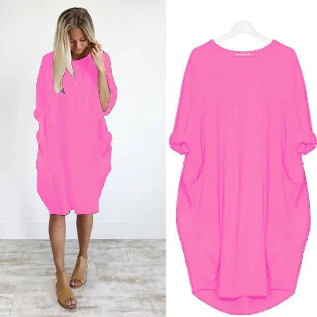 Plus Size Midi Dress with Pockets Long Sleeve - Pink