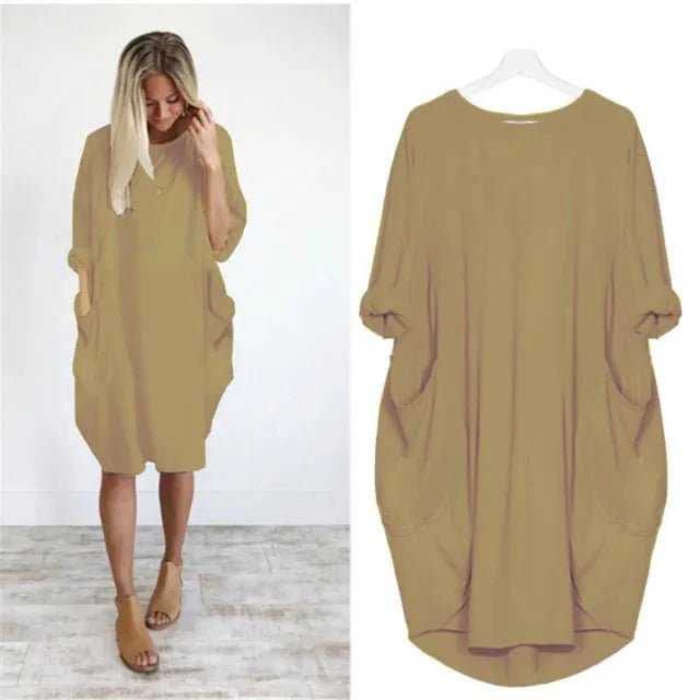 Plus Size Midi Dress with Pockets Long Sleeve - Khaki