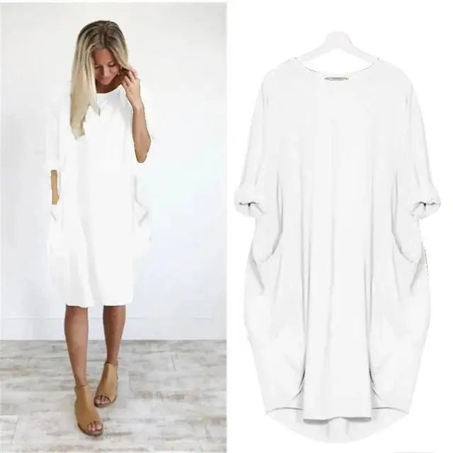 Plus Size Midi Dress with Pockets Long Sleeve - White