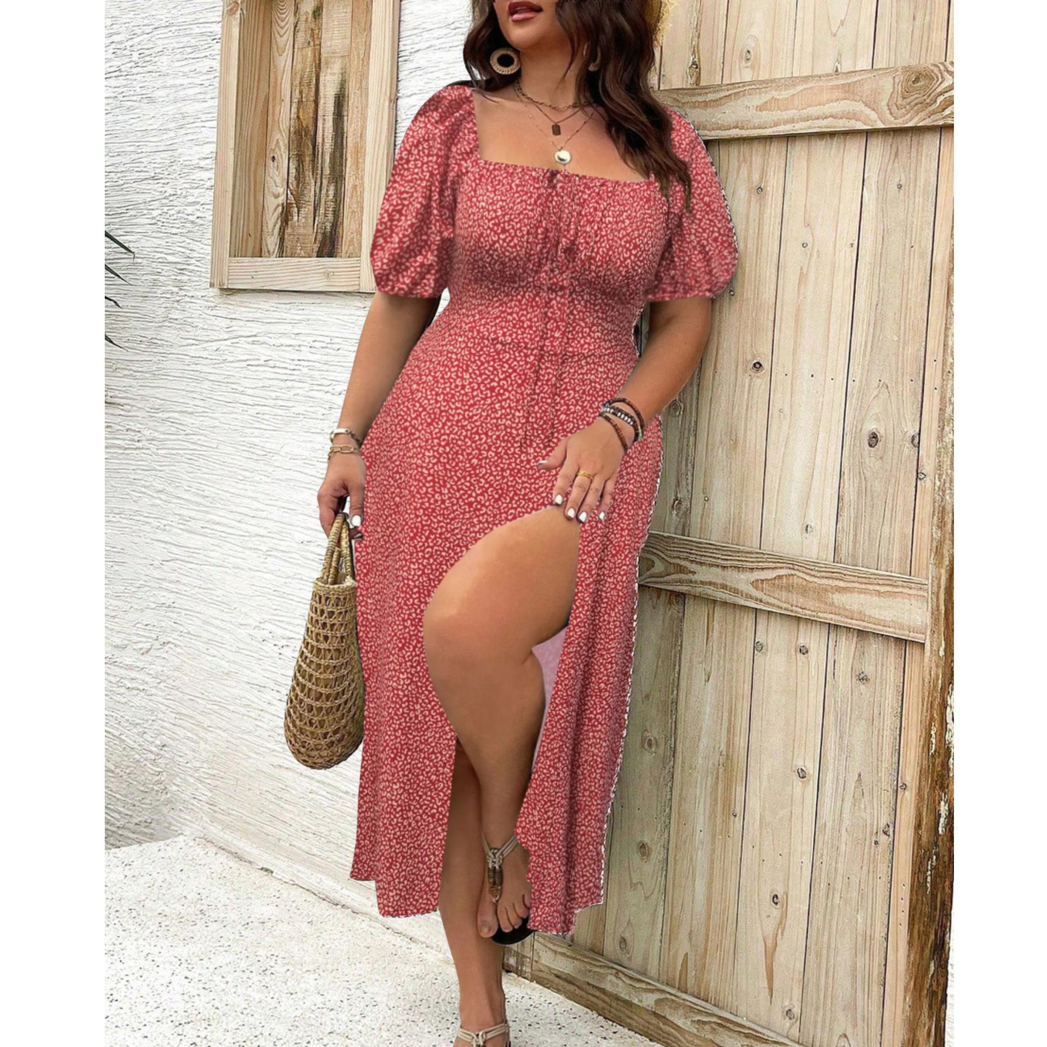 Plus Size Puff Sleeve Maxi Dress Flowing Elegant - Red