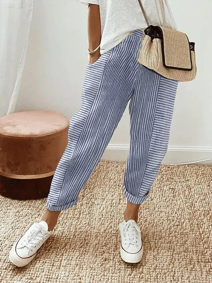 Plus Size Striped Trousers Relaxed Fit Elastic Waist - Blue (Almost sold out)