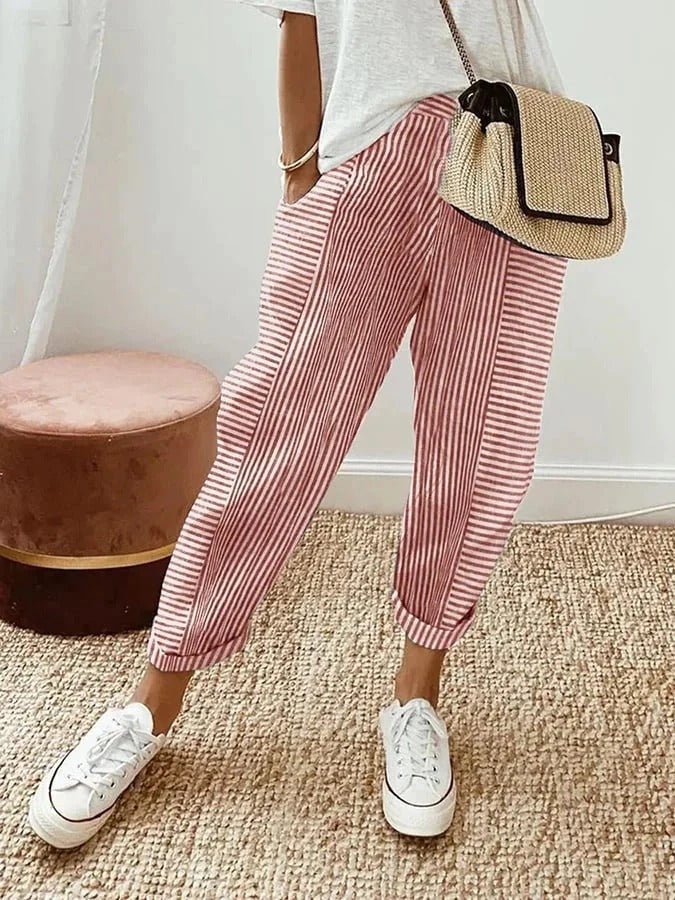 Plus Size Striped Trousers Relaxed Fit Elastic Waist - Red