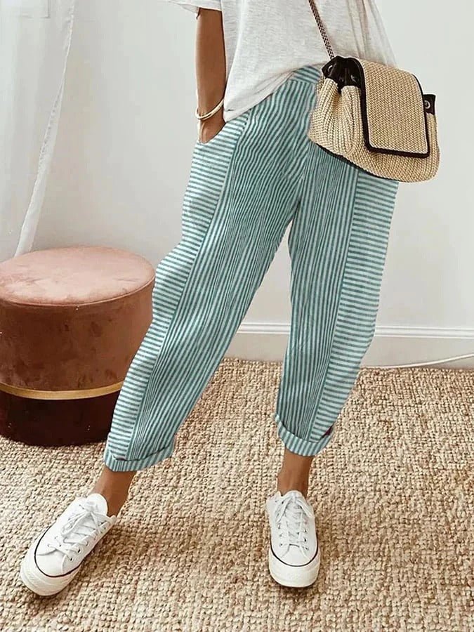 Plus Size Striped Trousers Relaxed Fit Elastic Waist - Green