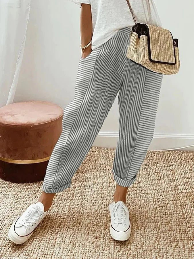 Plus Size Striped Trousers Relaxed Fit Elastic Waist - Light Gray (Almost sold out)
