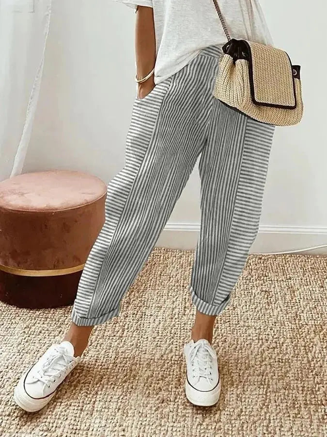 Plus Size Striped Trousers Relaxed Fit Elastic Waist - Light Gray (Almost sold out)