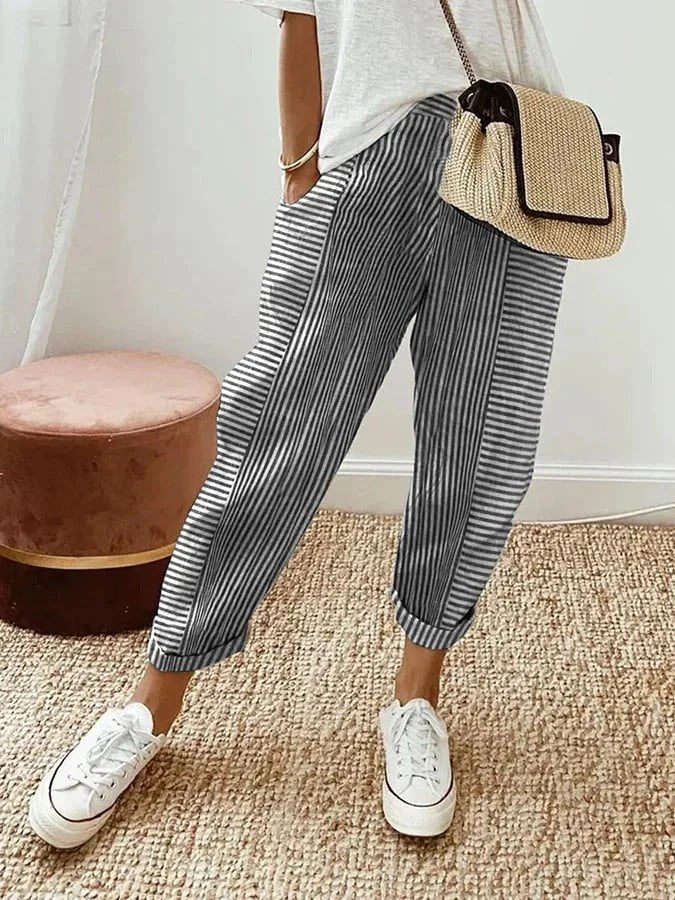 Plus Size Striped Trousers Relaxed Fit Elastic Waist - Black
