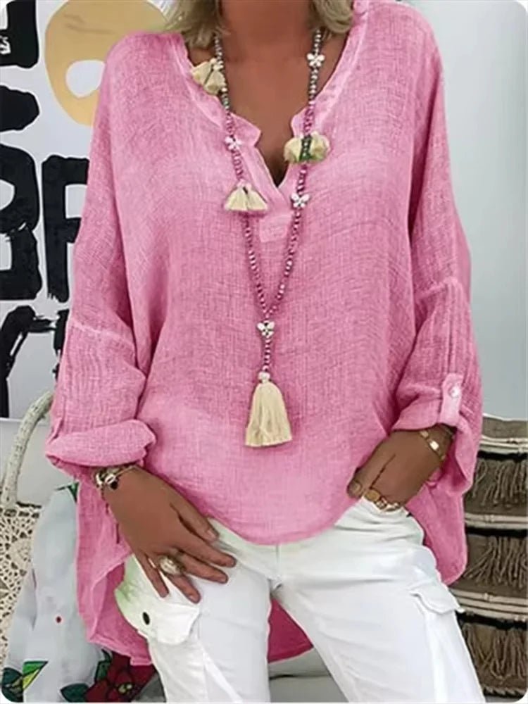 Plus Size V-Neck Blouse Long Sleeve Relaxed Fit - Pink