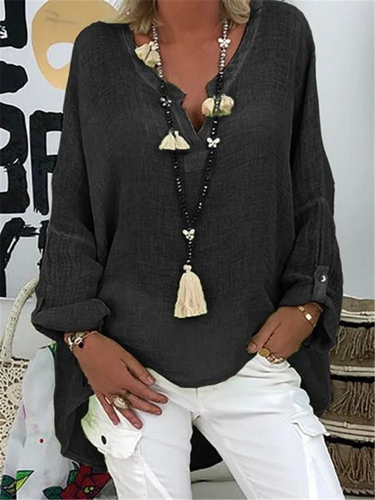 Plus Size V-Neck Blouse Long Sleeve Relaxed Fit - Black