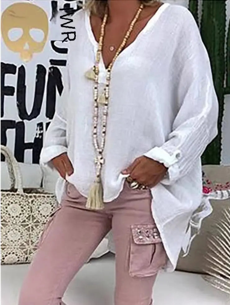Plus Size V-Neck Blouse Long Sleeve Relaxed Fit - White