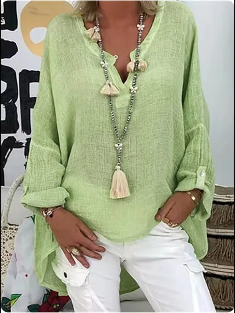 Plus Size V-Neck Blouse Long Sleeve Relaxed Fit - Green
