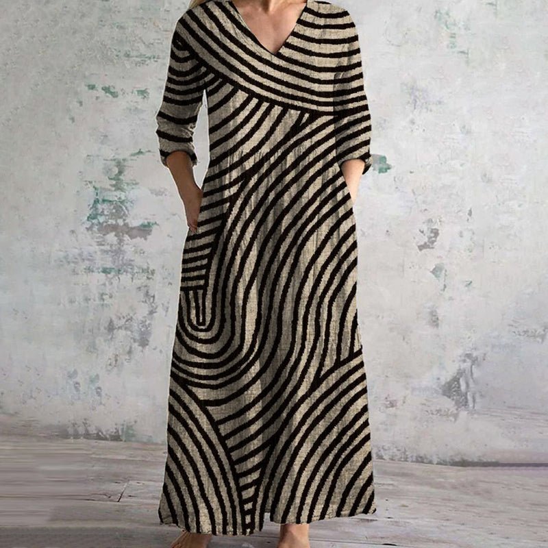 Plus Size Vintage Striped Maxi Dress V-Neck 3/4 Sleeve