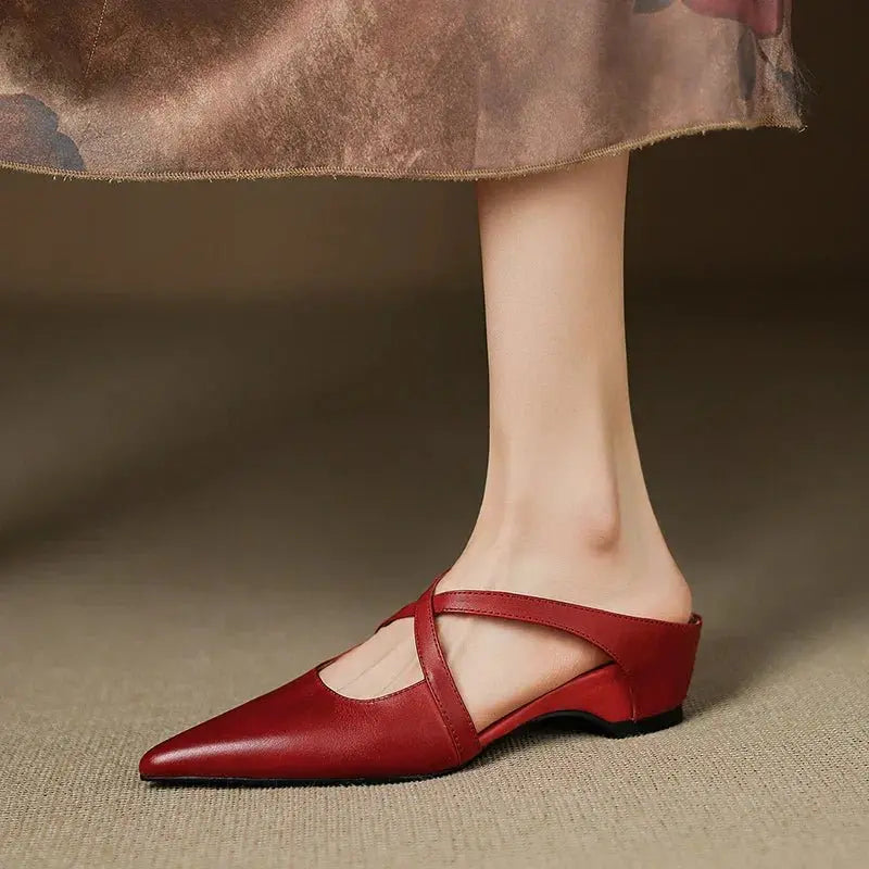 Pointed Cross-Strap Leather Mules Low Heel - Red