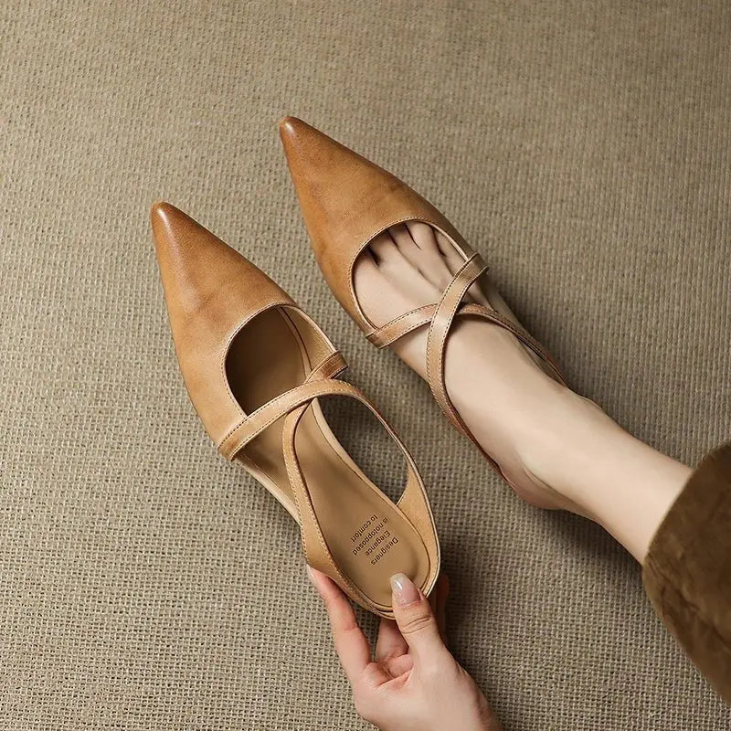 Pointed Cross-Strap Leather Mules Low Heel