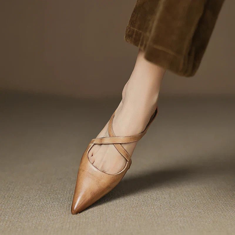 Pointed Cross-Strap Leather Mules Low Heel