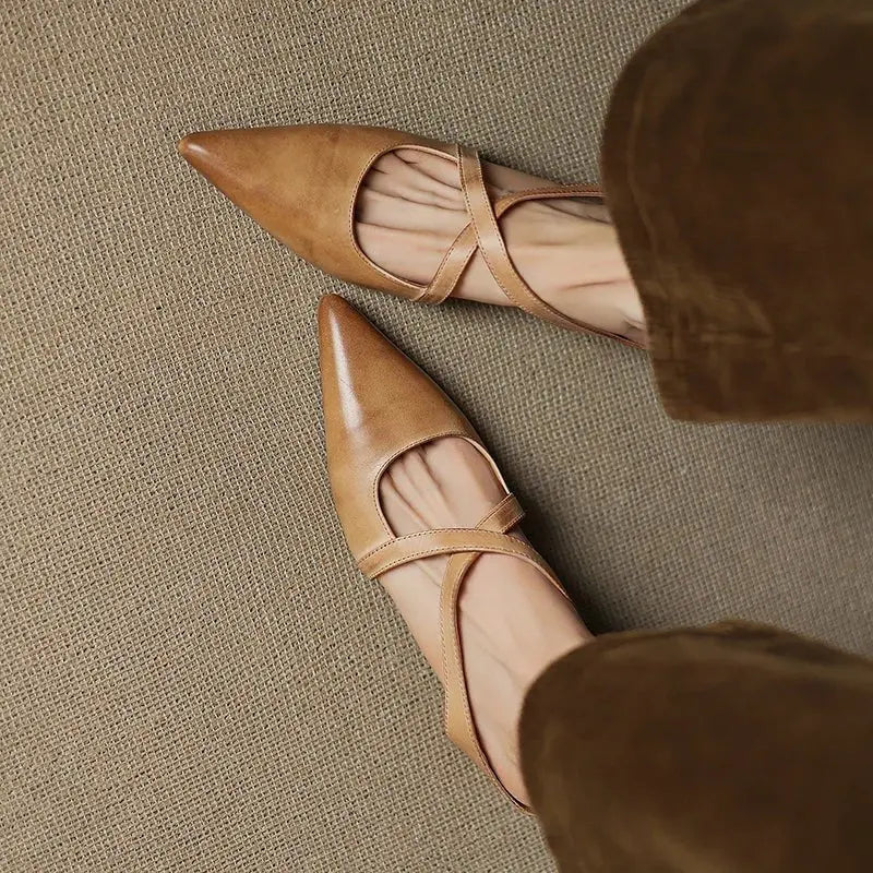 Pointed Cross-Strap Leather Mules Low Heel