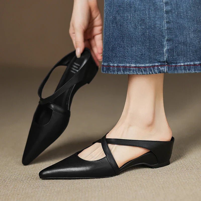 Pointed Cross-Strap Leather Mules Low Heel - Black